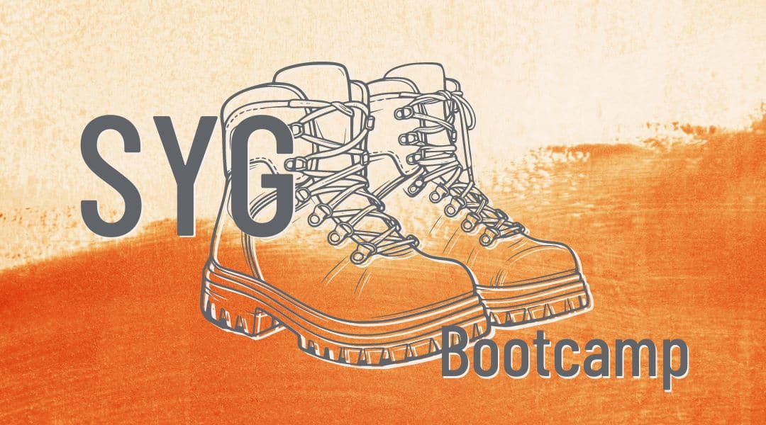 SYG bootcamp. Orange background with line drawing of boots over the top.