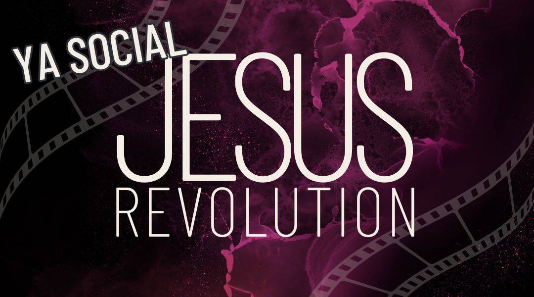 Dark purple marble background with film strips. Jesus Revolution YA Social.