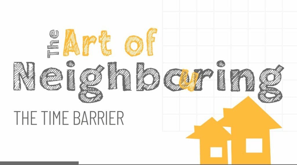 The Art Of Neighbouring. The Time Barrier. Two yellow line drawings of houses. White background with grey checkers.