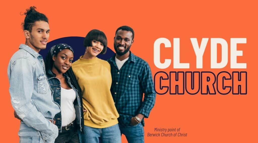 Image of Clyde Church banner. Four young adult multicultural people standing, smiling looking at you.