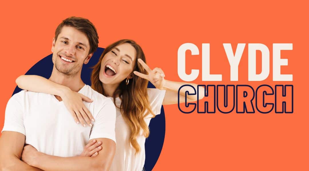 Clyde Church. Bright orange background. A happy couple smiling. Man and women in their 20's wearing white tshirts. The lady is holding up her hand waving.