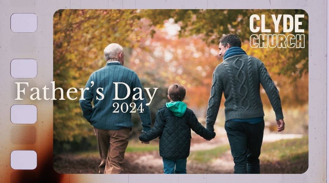 Fathers Day Sunday 1st September. Image of grandpa, adult son and young boy holding hands walking with autumn trees around them.