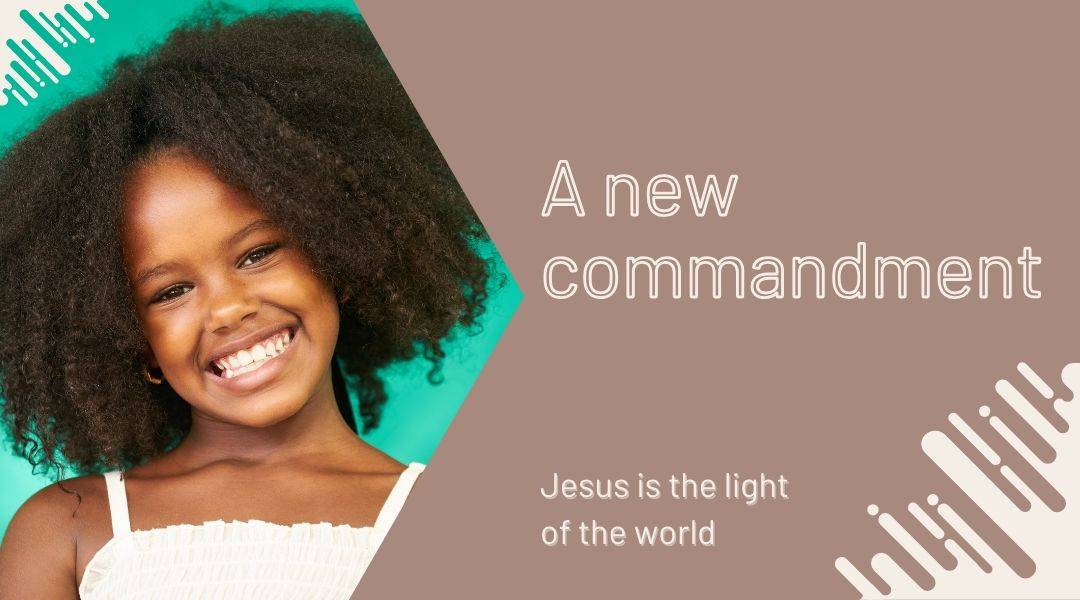 young girl with beautiful thick black hair wearing a white dress smiling. a new commandment.