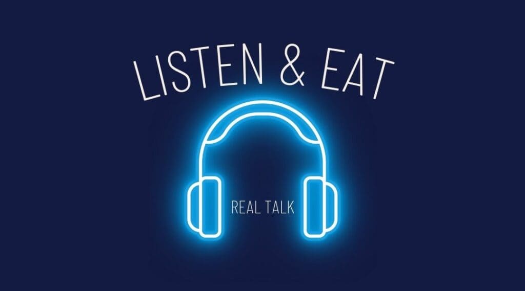 Listen and Eat. Icon of headphones in blue.