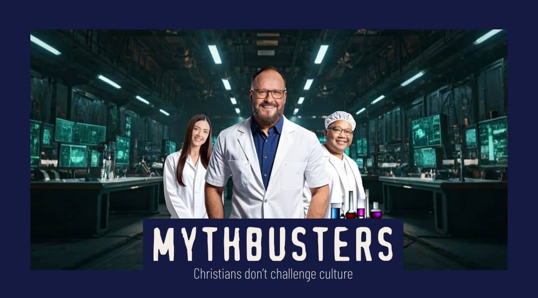 Photo of Pastor Braam, Pastor Michael and Pastor Genny wearing lab coats. MythBusters. Christians don't challenge culture.