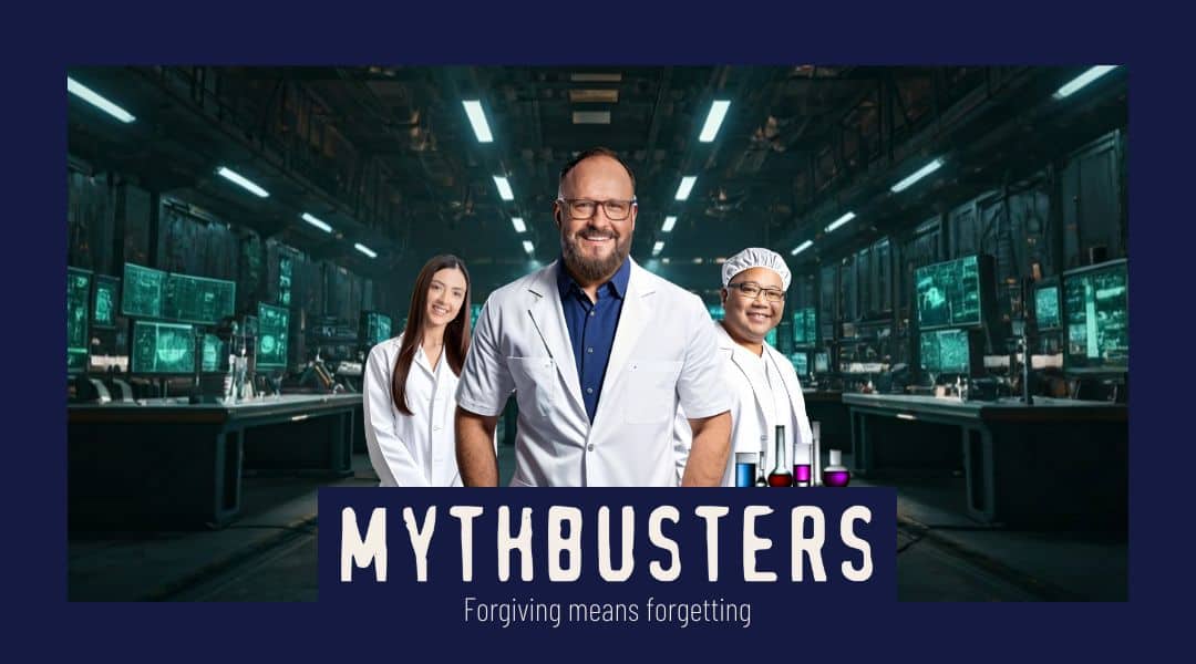 Photo of Pastor Braam, Pastor Michael and Pastor Genny wearing lab coats. MythBusters. Forgiving means forgetting.