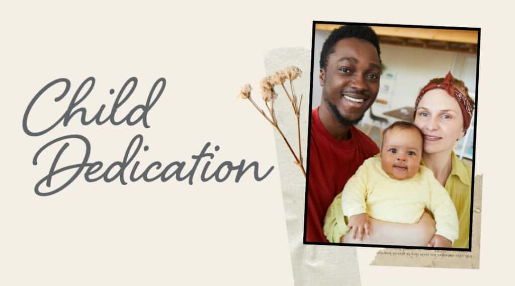 Young father and mother holding a happy baby wearing a yellow top. Child Dedication.