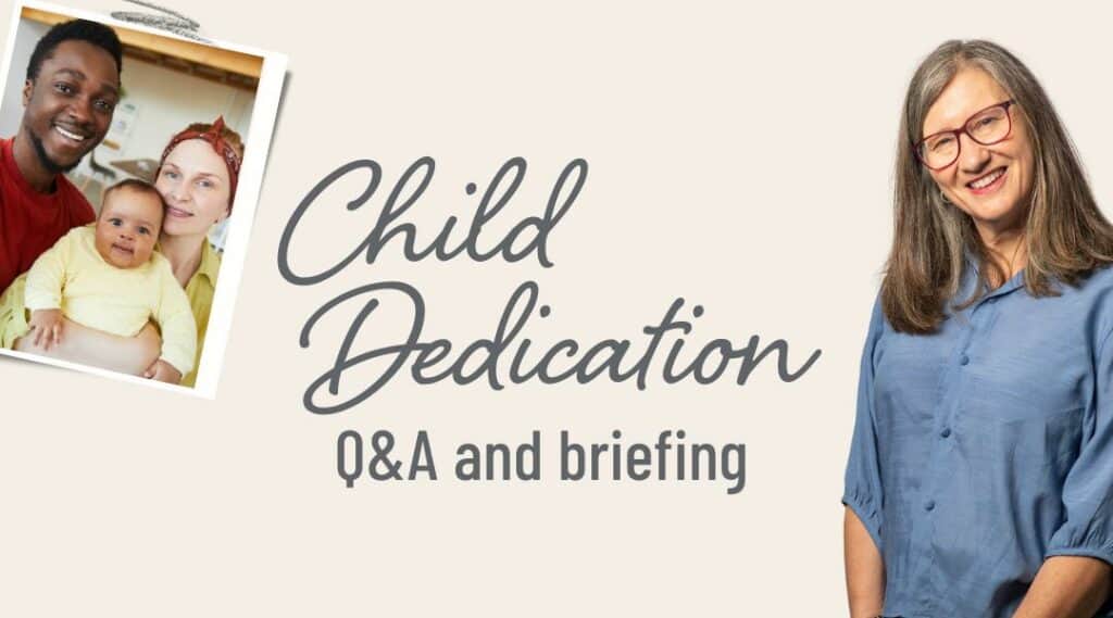 Image of Pastor Sue wearing a blue shirt and red glasses. Child Dedication Q&A and briefing.