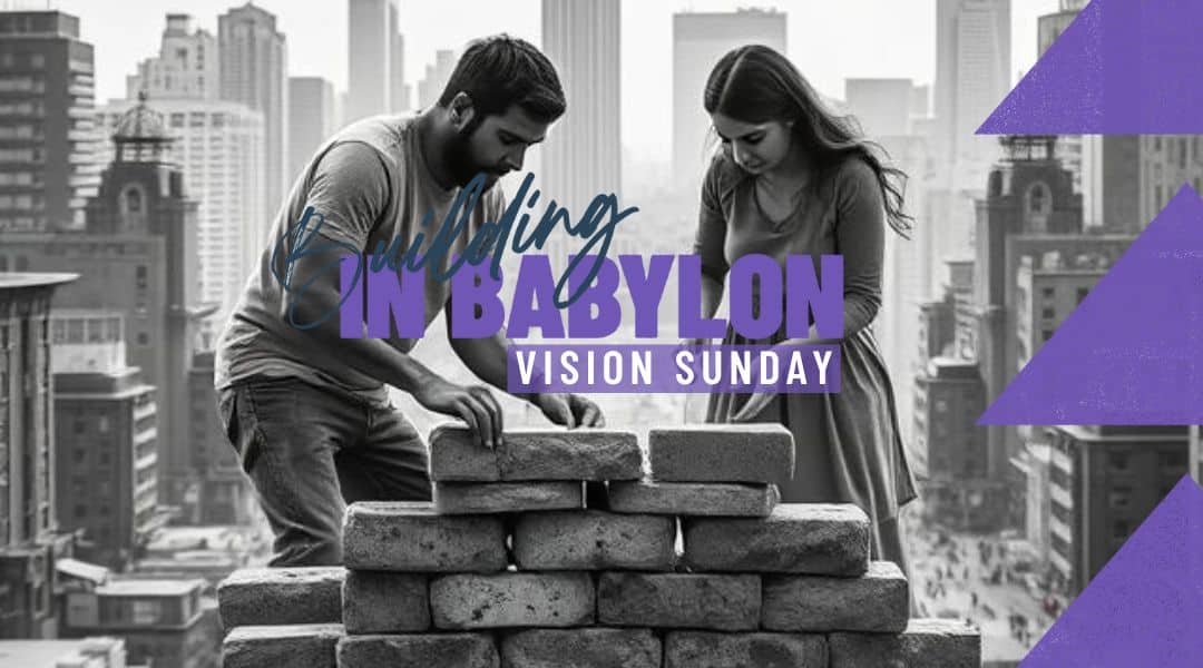 Image of a man and women stacking bricks with a city in the background