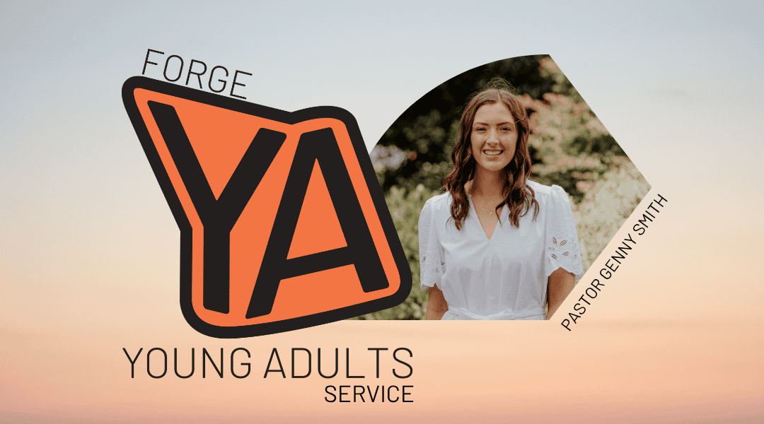 Image of Pastor Genny Smith. A young lady in her twenties wearing a white dress with a garden behind her. A large YA black and orange logo in displayed.