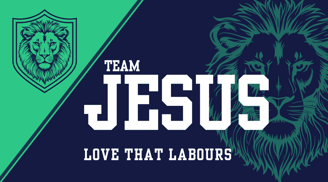 Image of a banner. Line drawing of a lions face close up. Blue background with green top left corner. Title is Team Jesus.