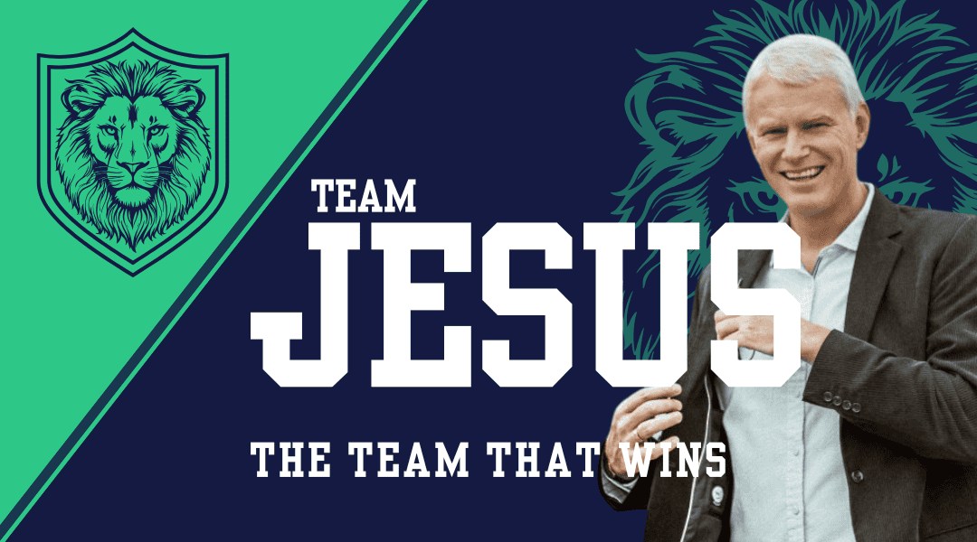 Image of a banner. Line drawing of a lions face close up. Blue background with green top left corner. Title is Team Jesus. Mark Connor is guest speaker wearing a business jacket with shirt and in his senior years.