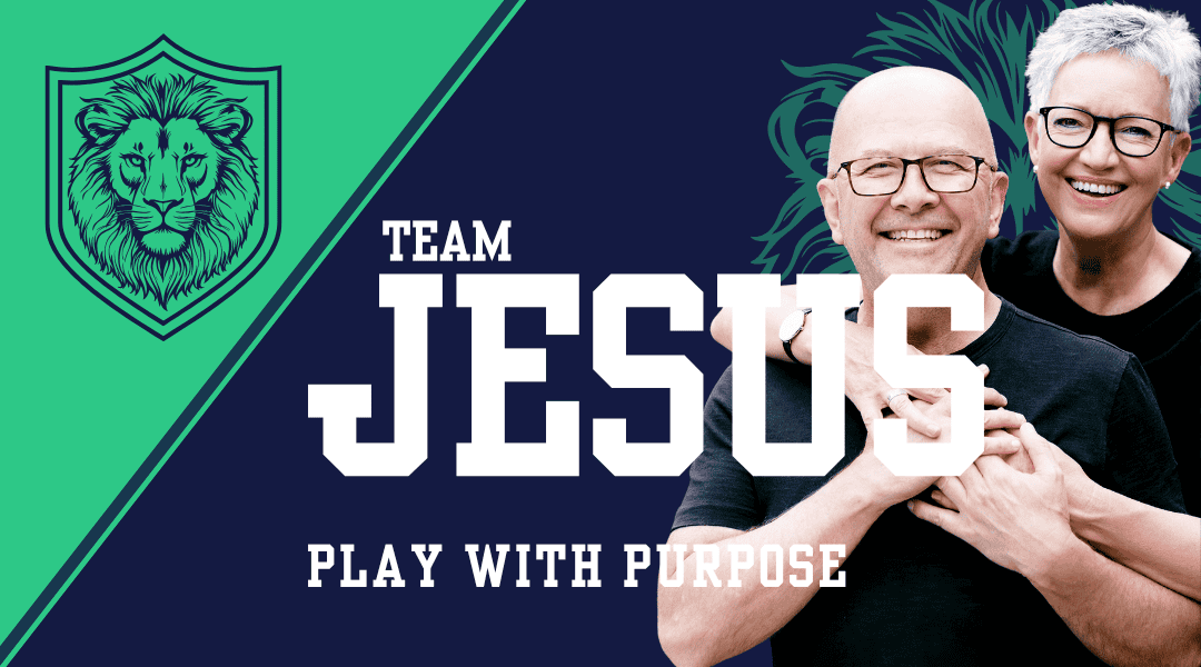 Image of a banner. Line drawing of a lions face close up. Blue background with green top left corner. Title is Team Jesus. Alan Platt is guest speaker wearing a black top and glasses.