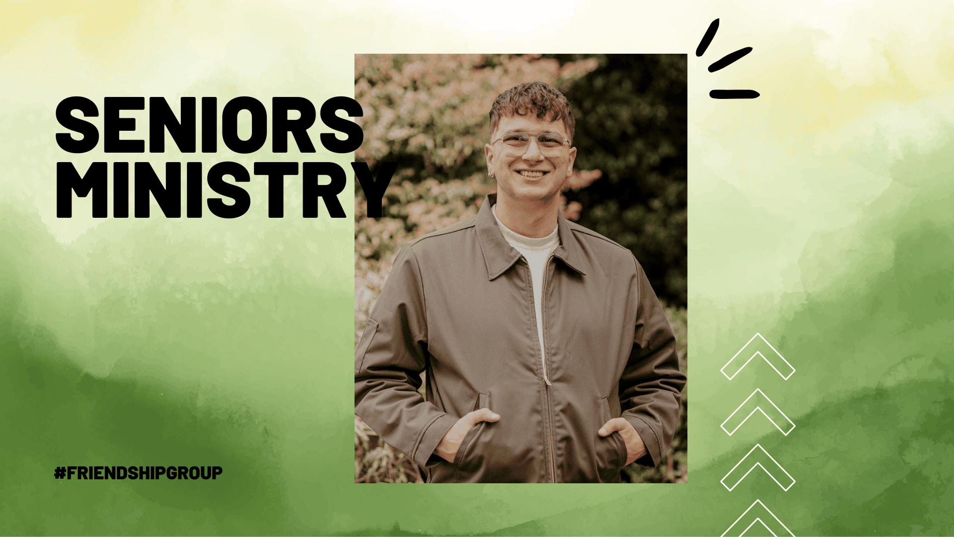 Image of Pastor Alex Grozza who is a man in his thirties wearing a green jacket and glasses. Title, Seniors Ministry.