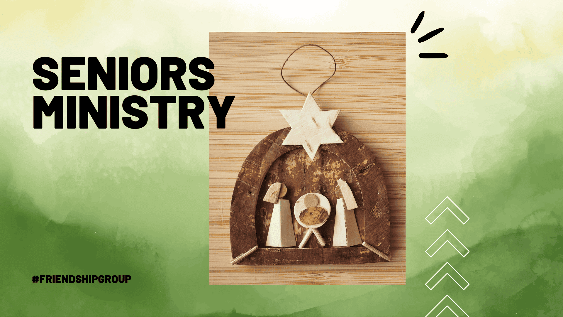 Image of the Christmas Christian nativity scene. Title, Seniors Ministry.