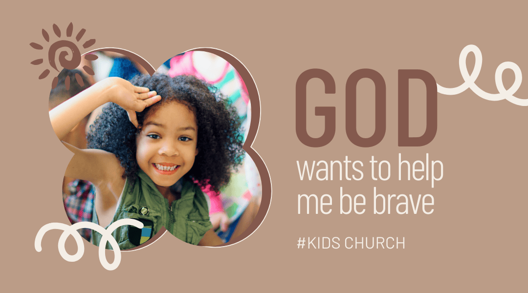 Young six year old girl with black thick curly hair. She is wearing a green dress and smiling with a colourful background. Title: GOD wants to help me be brave. #Kids Church.