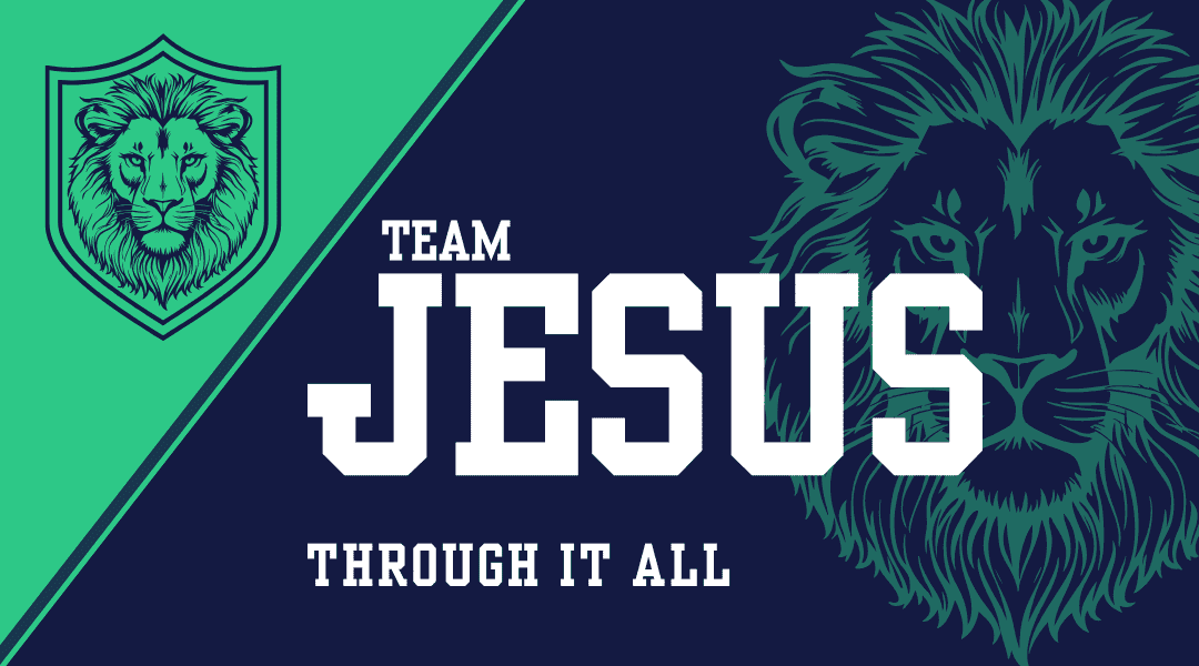 Image of a banner. Line drawing of a lions face close up. Blue background with green top left corner. Title is Team Jesus.
