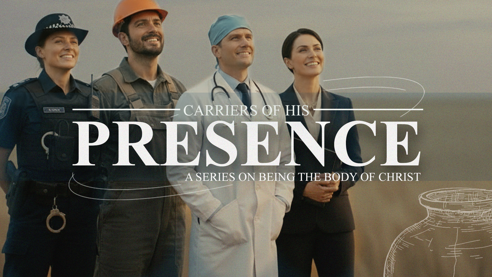 Four workers. Female policewoman, male tradesman, female business lady, male doctor. Line drawng of a clay jar. Title: Carriers of his presence. A series on being the body of christ.