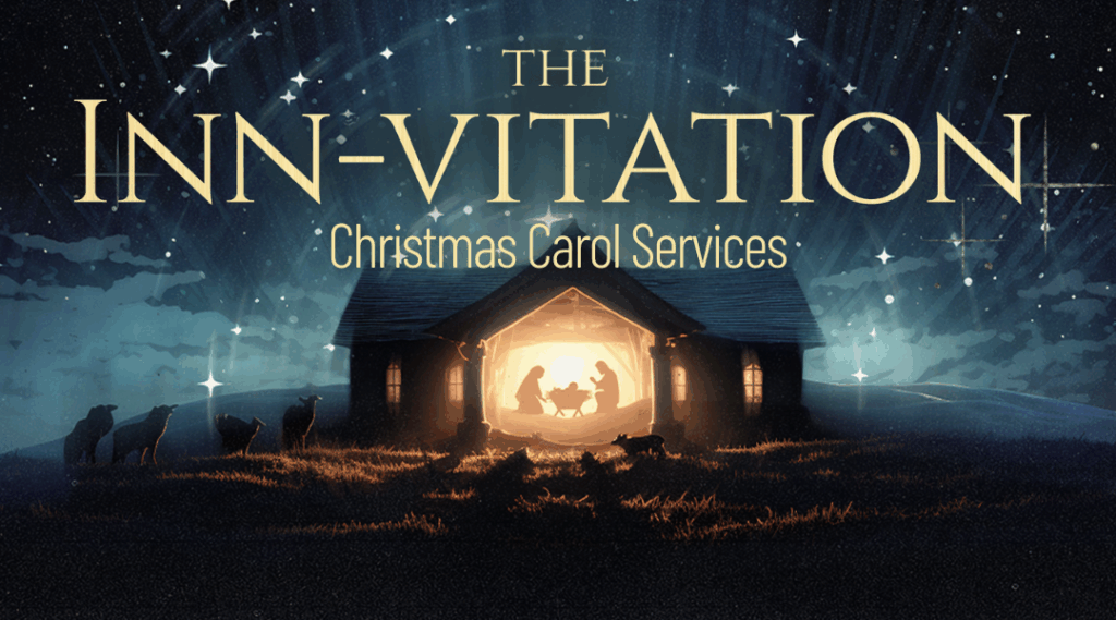 Beautiful illustration of Mary and Joseph in the manger with baby Jesus. Sheep are standing around outside. The night sky is lit up with stars.