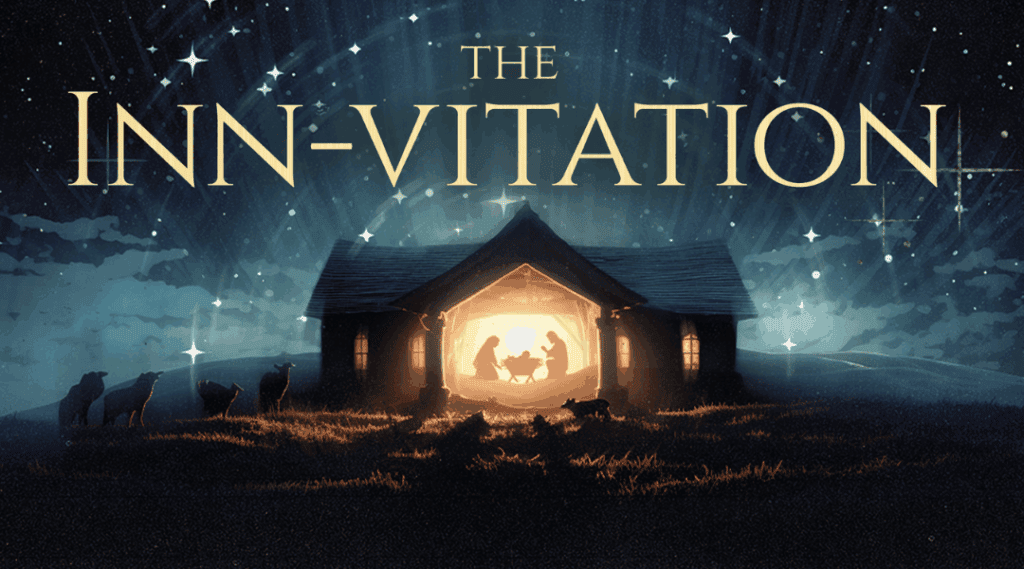 Beautiful illustration of Mary and Joseph in the manger with baby Jesus. Sheep are standing around outside. The night sky is lit up with stars.