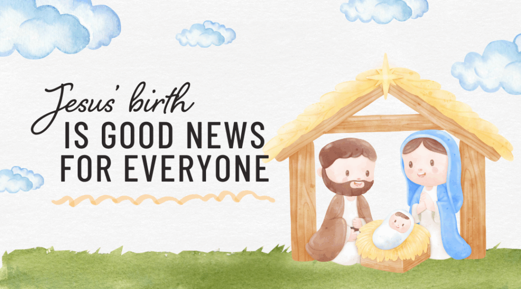 Cute watercolour cartoon of Mary and Joseph with baby Jesus in a manger with grass and clouds.