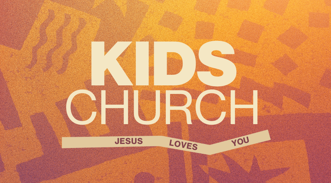 Golden yellow background with shapes. Title: Kids Church Jesus Loves You