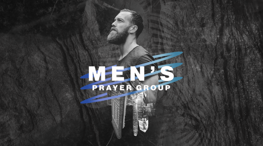 Dark background with a thrity year old man with a big beard on top of a photo of a city. Title Mens Prayer Group.