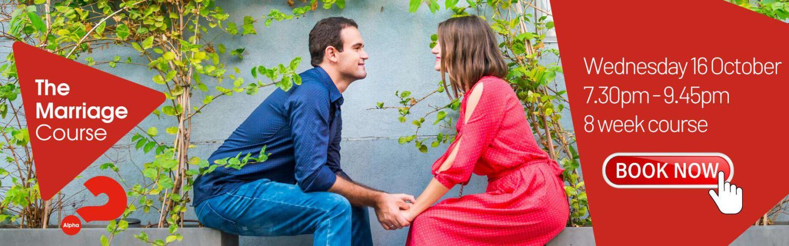 Alpha Marriage Course. An engaged couple holding hands looking at each other and the lady is wearing a bright red dress.