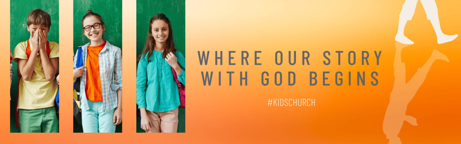 Image of a banner with an orange and yellow background. Three grade six children wearing bright clothes standing beside each other and a title, Where our story with God begins.