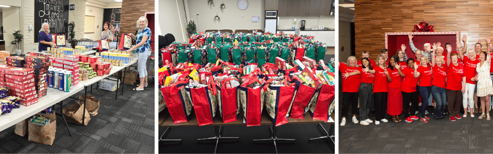 Tables with food and gifts. Packed bags ready to hand out. Group photo of volunteers wearing red tops.