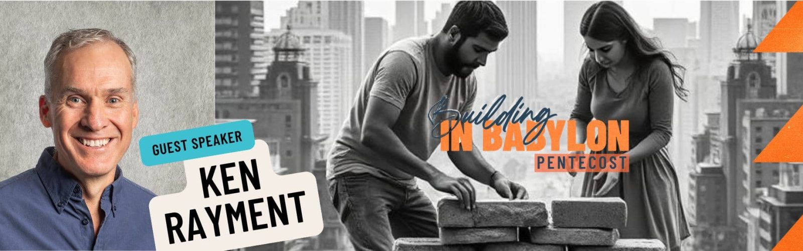 Image of a man and women stacking bricks with the city in the background. Ken Rayment who is guest speaking is wearing a blue shirt and has grey hair.