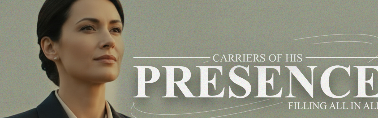 Female business lady with black jacket and white shirt. Title Carriers of his presence.