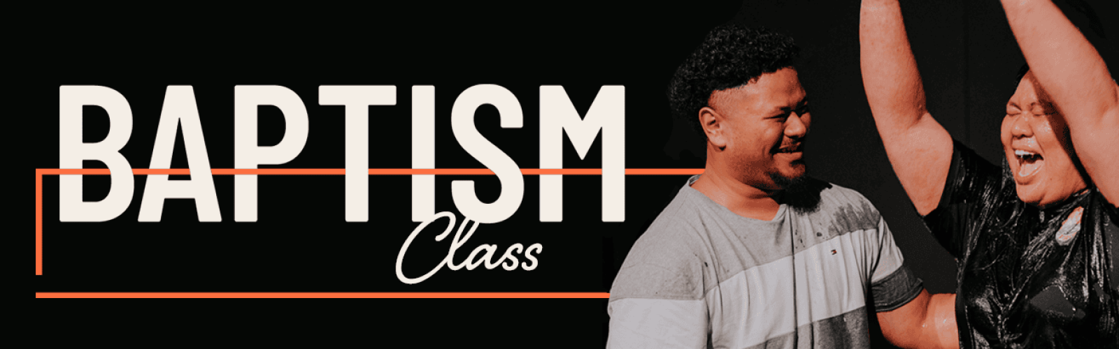 Image of a couple in their late twenties. The lady has her hands in the air with a huge smile on her face with the man looking at her with such joy after getting baptised.