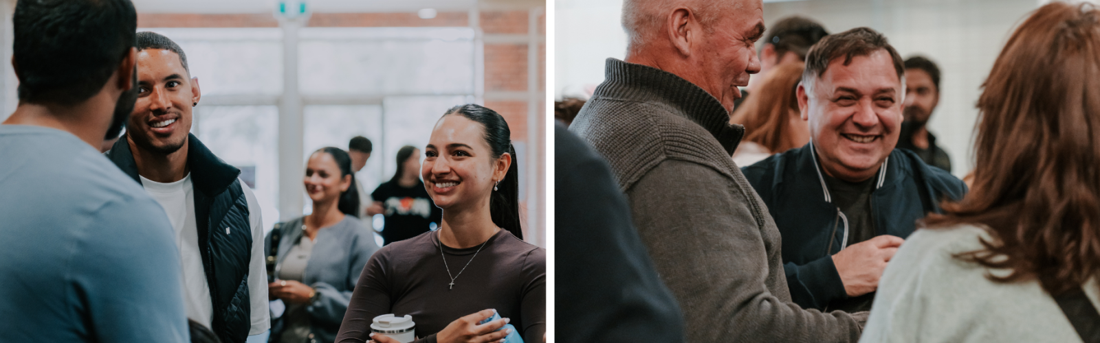 Groups of happy people chatting in the foyer