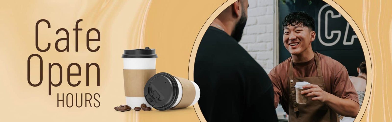 Image of a young man serving coffee with a banner displaying two takeaway coffee cups