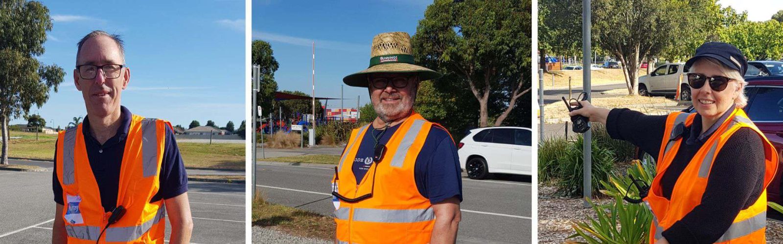 Three happy people wearing high vis vests in our car park directing traffic with a smile