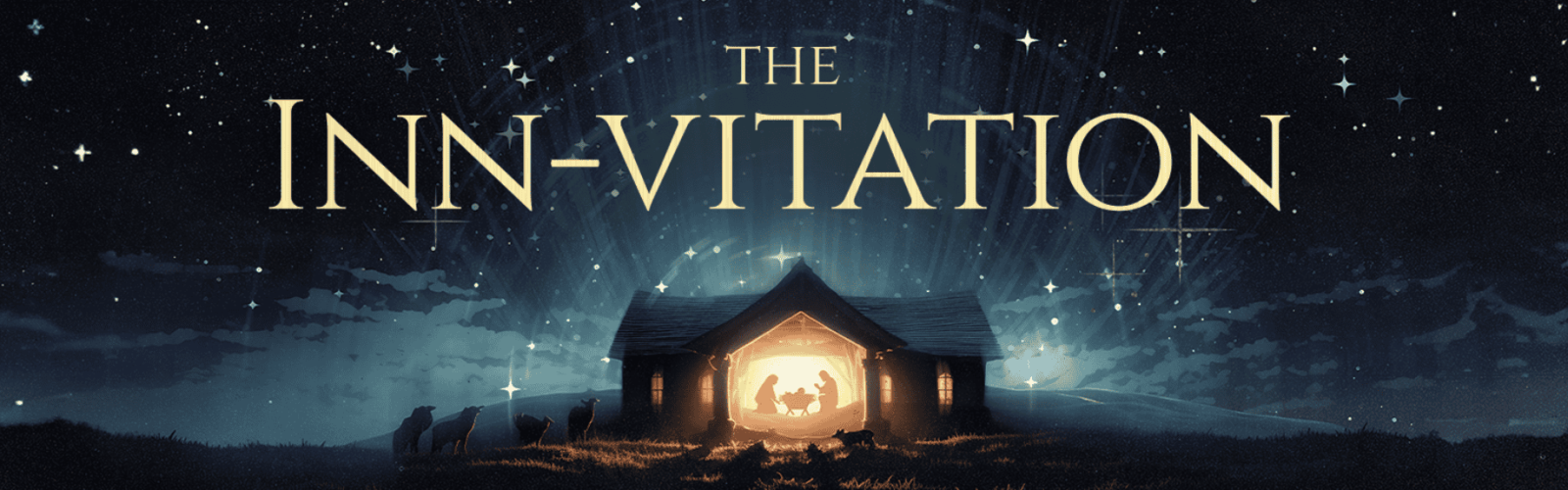 Beautiful illustration of Mary and Joseph in the manger with baby Jesus. Sheep are standing around outside. The night sky is lit up with stars.