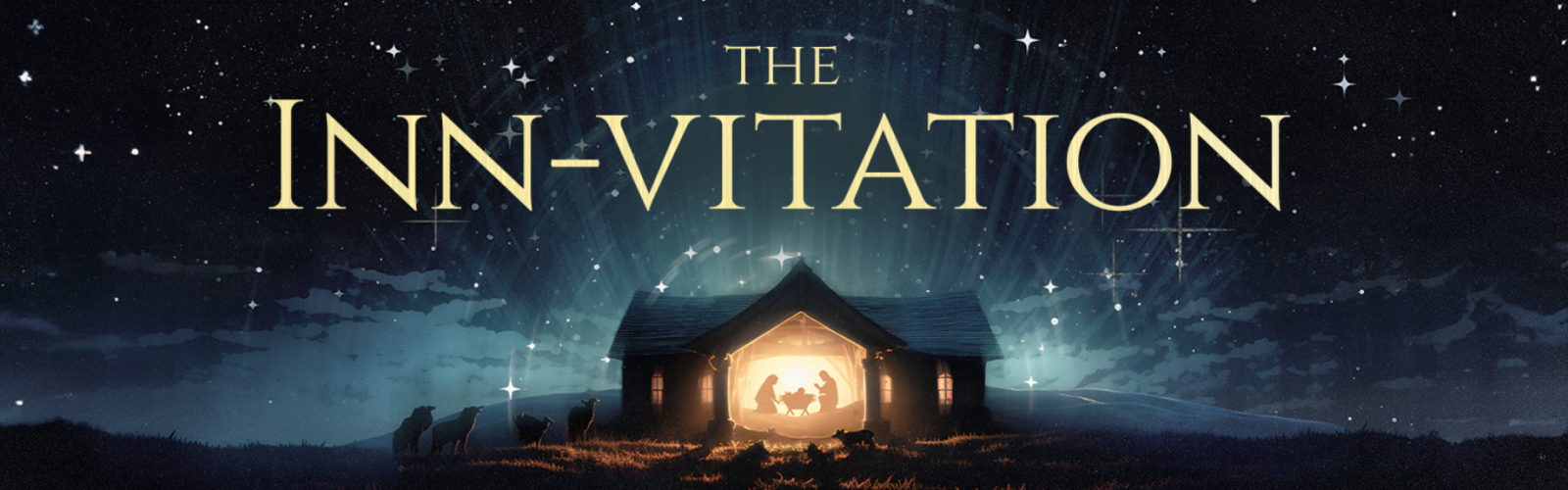 Beautiful illustration of Mary and Joseph in the manger with baby Jesus. Sheep are standing around outside. The night sky is lit up with stars.