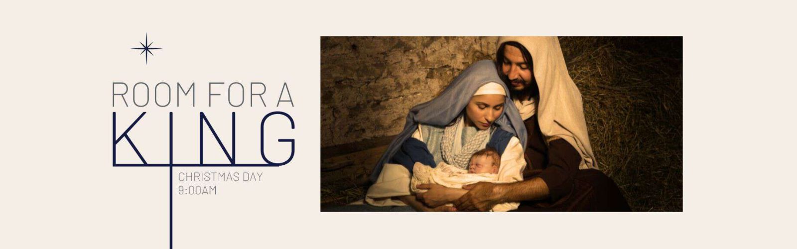 Image of Mary and Joseph holding baby Jesus in a manger. Room for a king.