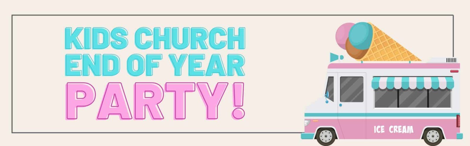 Image of a cartoon ice cream truck in pink with an large ice cream on top of the roof.