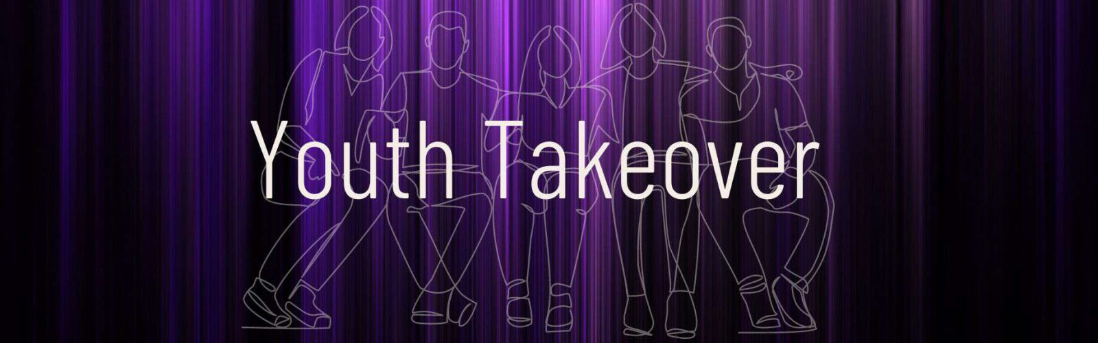 Purple background pattern box. Image of young adults line drawing sitting. Text: youth takeover.