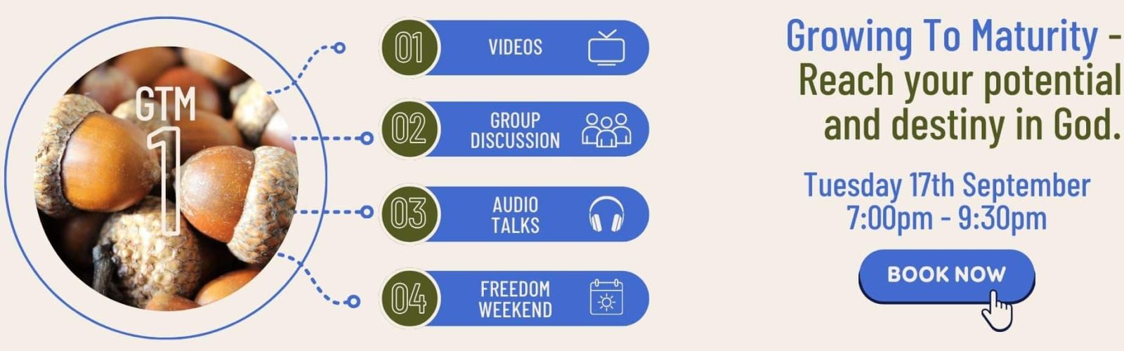 GTM 1. Growing to maturity course. Videos. Group discussion. Audio talks. Freedom weekend. Tuesday 17th September 2024. 7pm to 9.30pm. Book now.