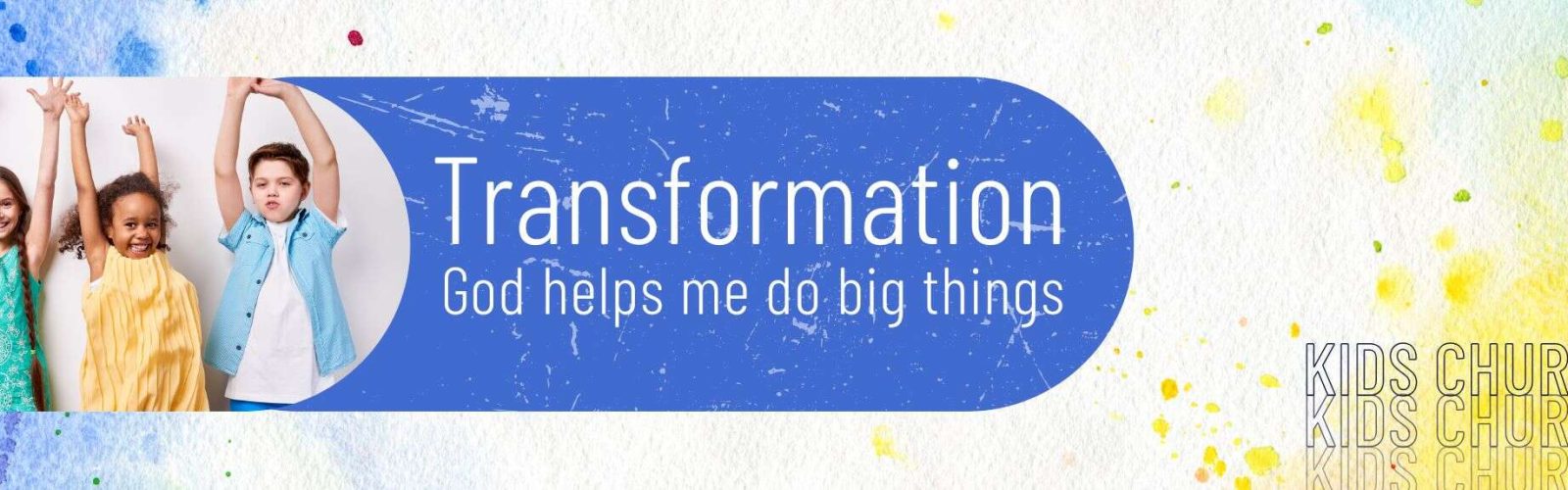 Image of three kids wearing colourful colours holding their hands in the air looking happy