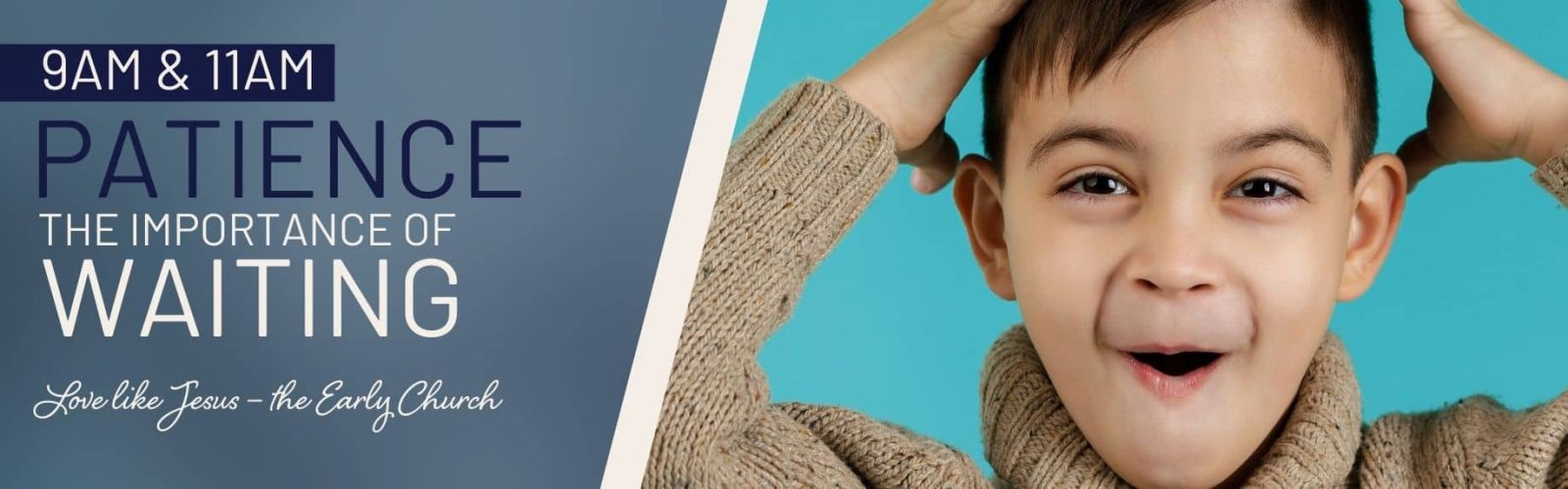 Image of a young five year old boy wearing a brown turtle neck jumper with a surprised look on his face. Hands on his head. Patience the importance of waiting.