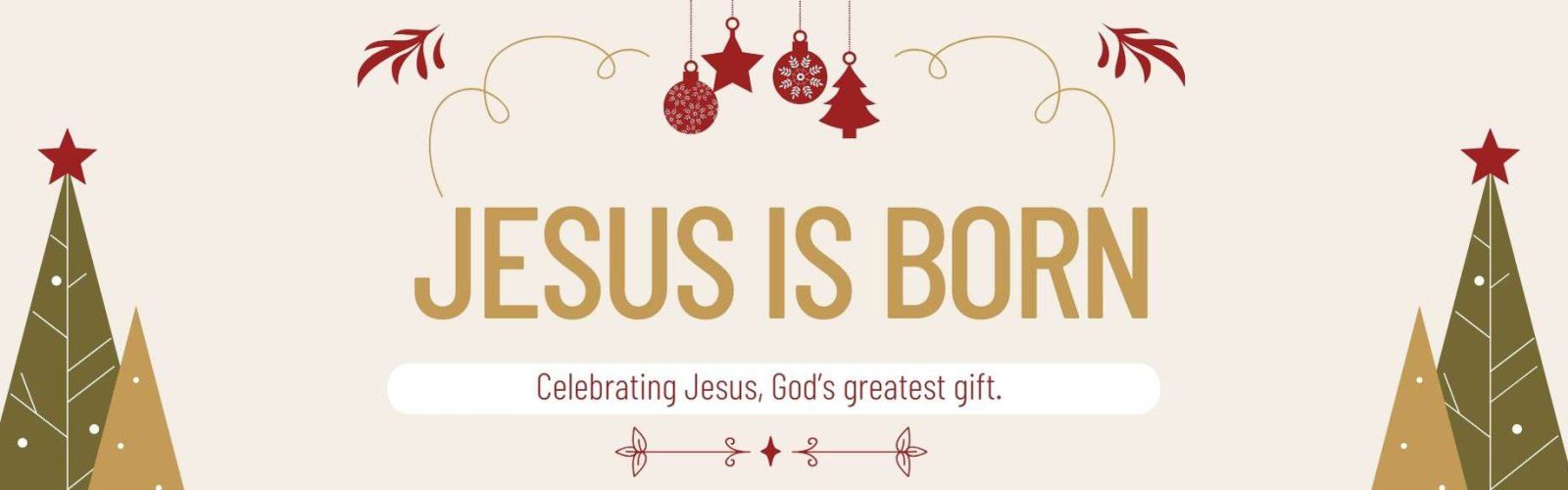 Banner of Kids Church Jesus is Born with cartoon Christmas trees and decorations
