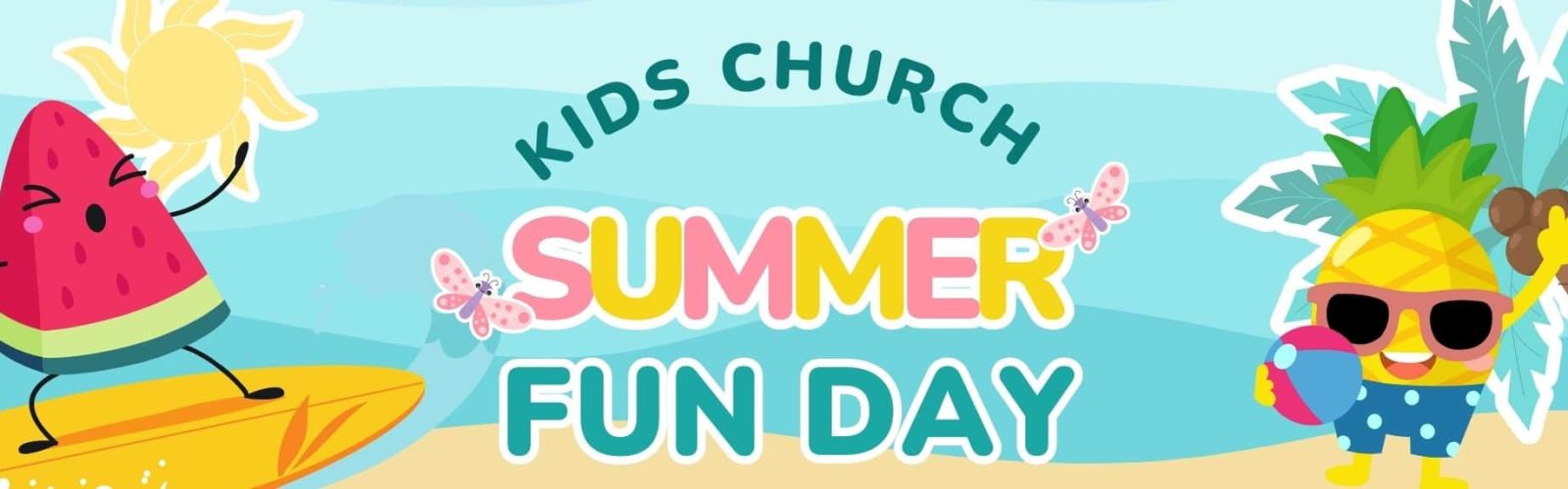 Image of cartoon summer fruit dressed and palm trees.