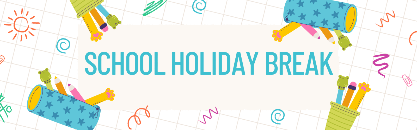 Image of a kids bright banner made up of cartoon pencils, drawings and sguiggles with a title, School Holiday Break.