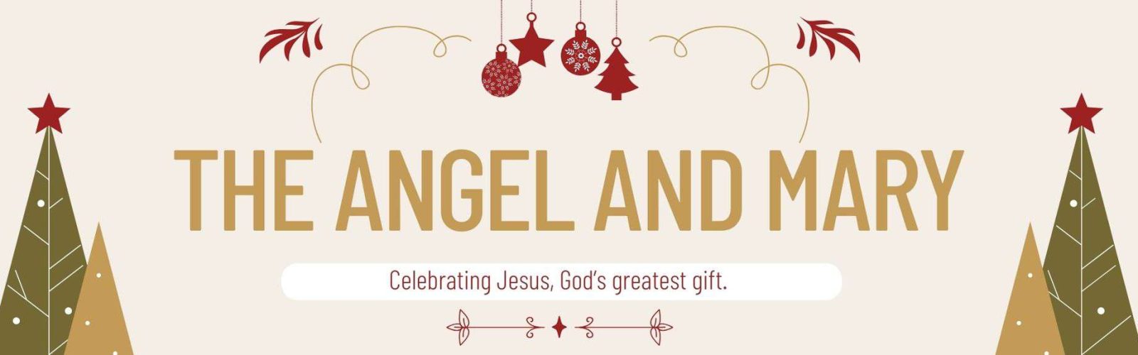 Banner of Kids Church the angel and Mary with cartoon Christmas trees and decorations