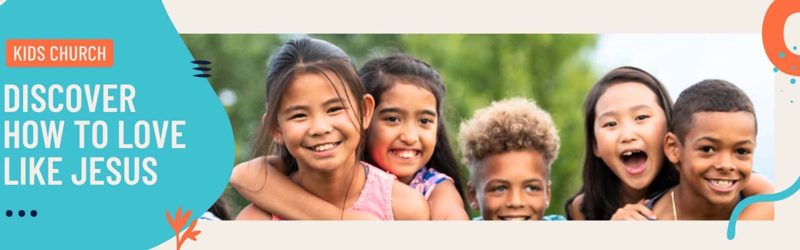 Discover how to love like Jesus. Four children piggy backing wearing casual bright clothes. Boys and girls.