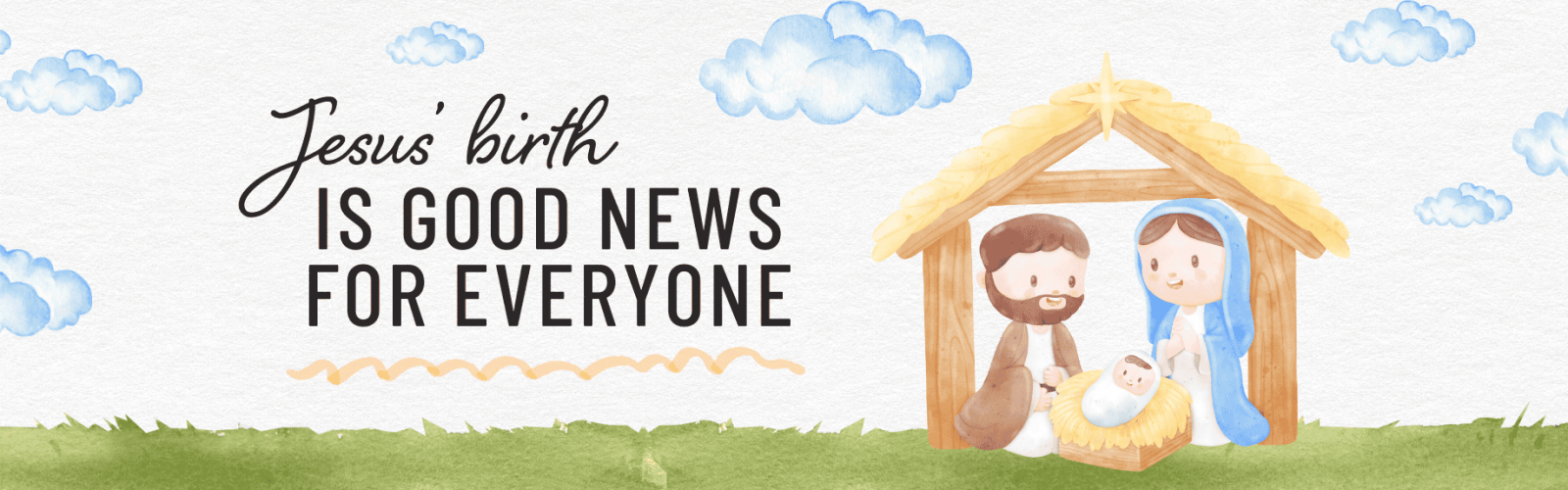 Cute watercolour cartoon of Mary and Joseph with baby Jesus in a manger with grass and clouds.